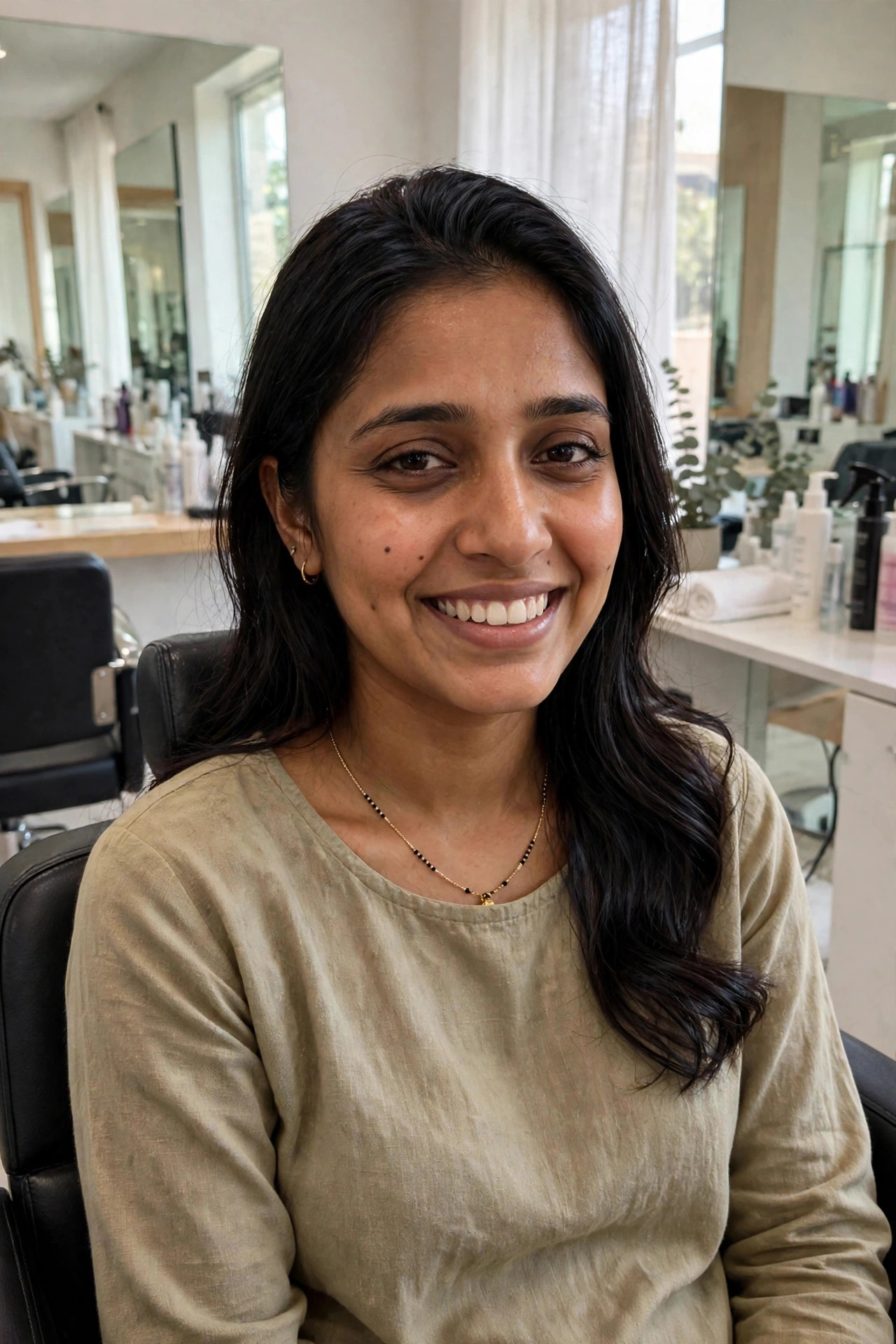 Same woman radiant and confident after salon visit