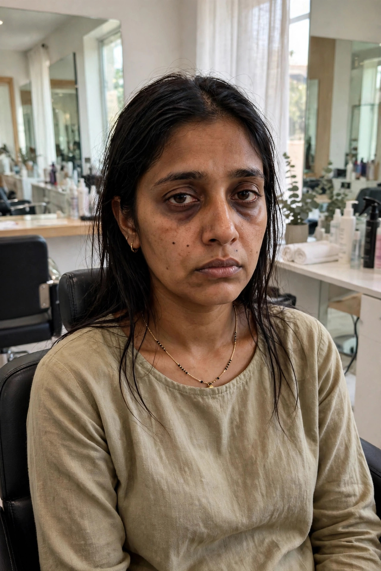 Woman with dull tired look before salon visit